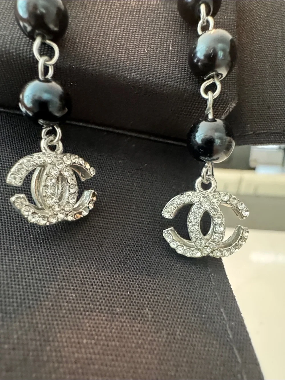 Chanel Black Bead Drop Earrings with Crystal CC Charm